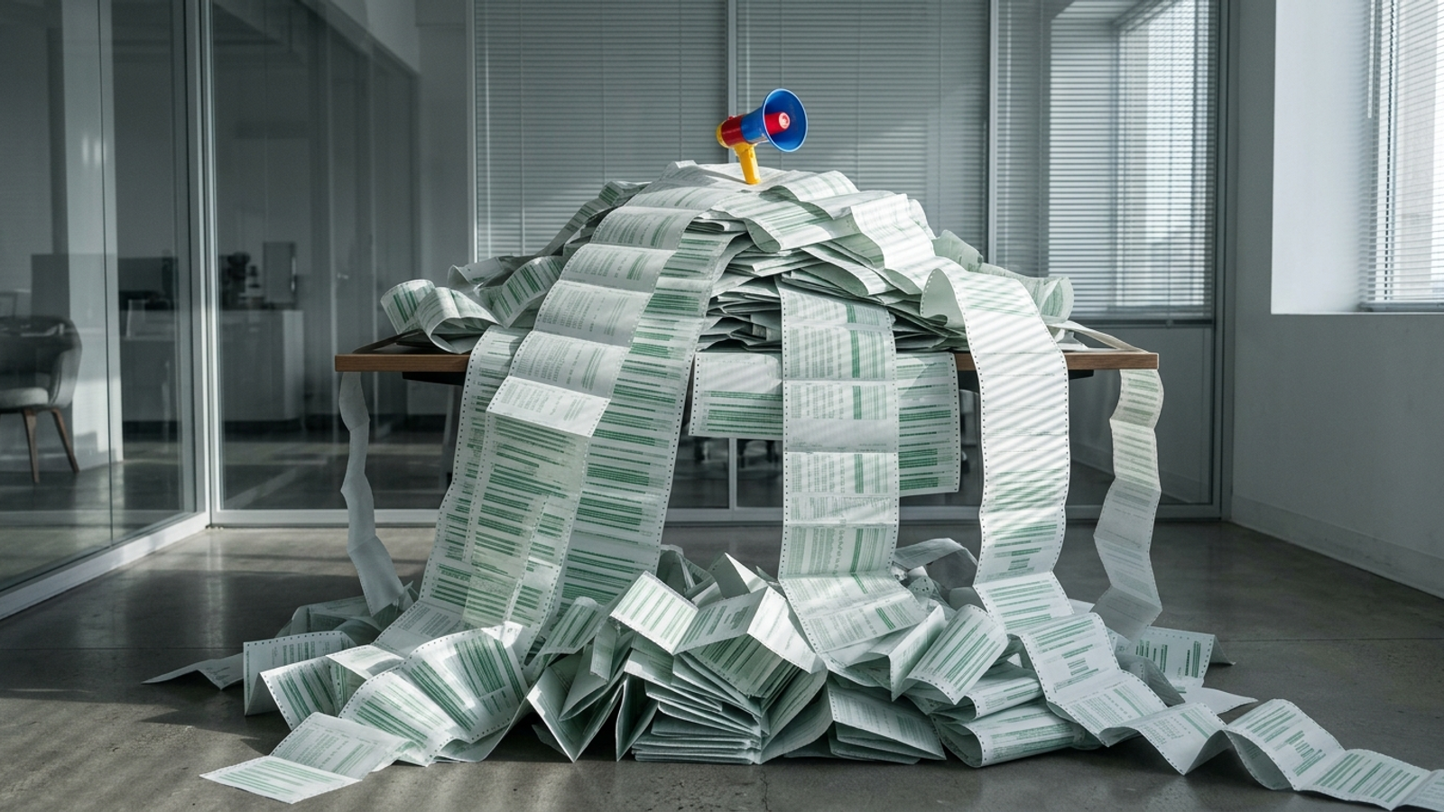 An office desk buried under towering piles of computer printout paper, with a toy megaphone abandoned on top.