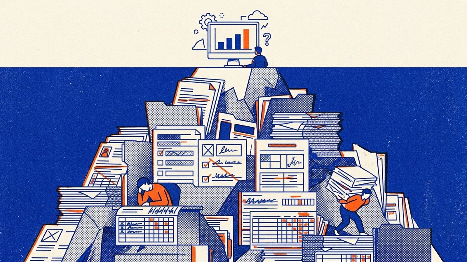 A small dashboard above a much larger pile of draft documents and timecards.